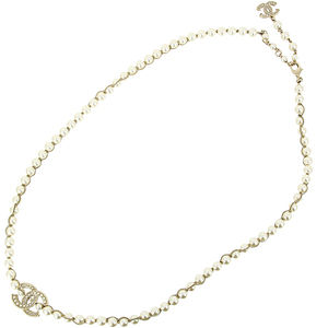 Chanel Gold Necklace Gold Long Champagne Metal Mark GP Chain Costume Pearl Coco